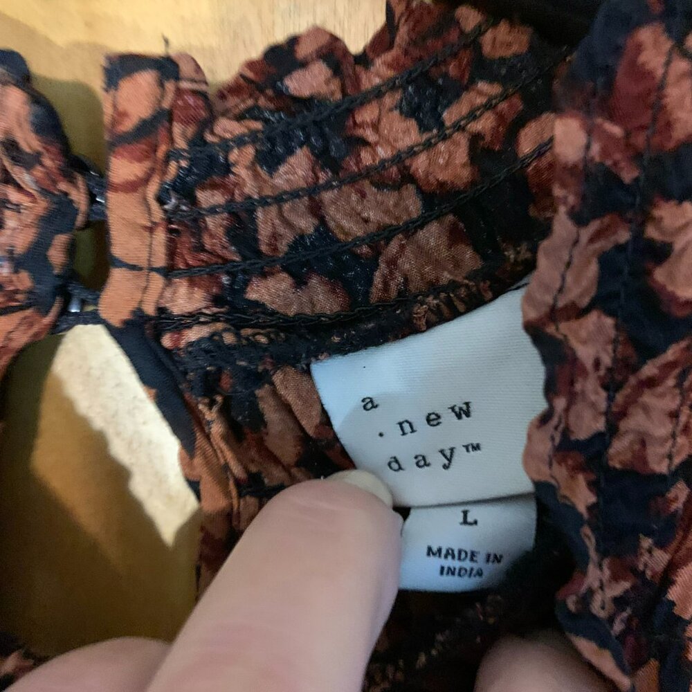 A New Day Smocked Cottage-core Rust and Navy dress, size Large - Picture 4 of 7